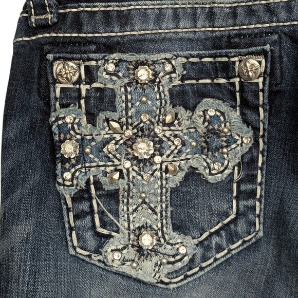 MISS ME Skinny Jeans Bedazzled Cross, Beads & Rhinestones Back Pockets Women 26 - Picture 7 of 9